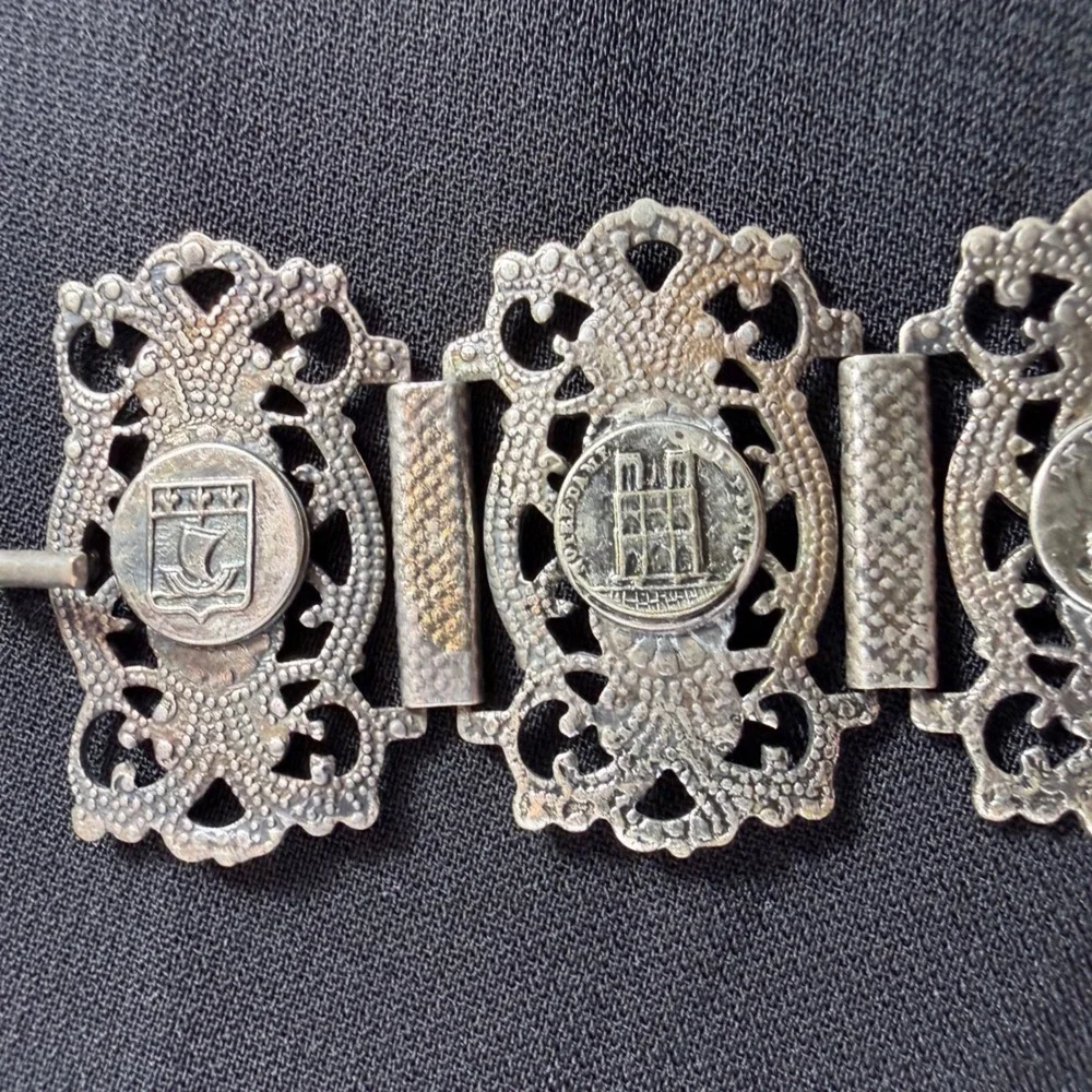 Vintage Paris France Souvenir Panel Bracelet Eiffel Tower Notre Dame Silver Tone